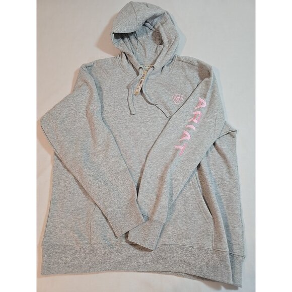 Ariat Womens Logo Spell Out Hoodie Sweatshirt pocket Gray Pink Size L New - Picture 12 of 16